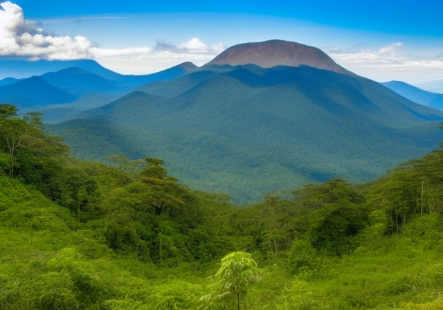 a mountain range with a lush green forest below it and a blue sky above it with clouds in the distance